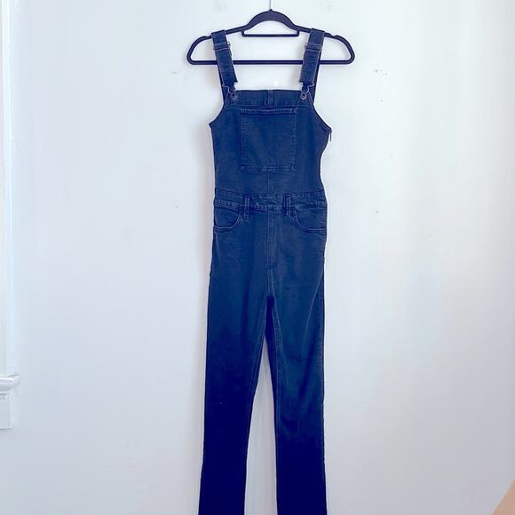 Lucky Brand Bridgette side zip raw hi low hem fitted denim jean overalls sz 27 - Picture 1 of 8